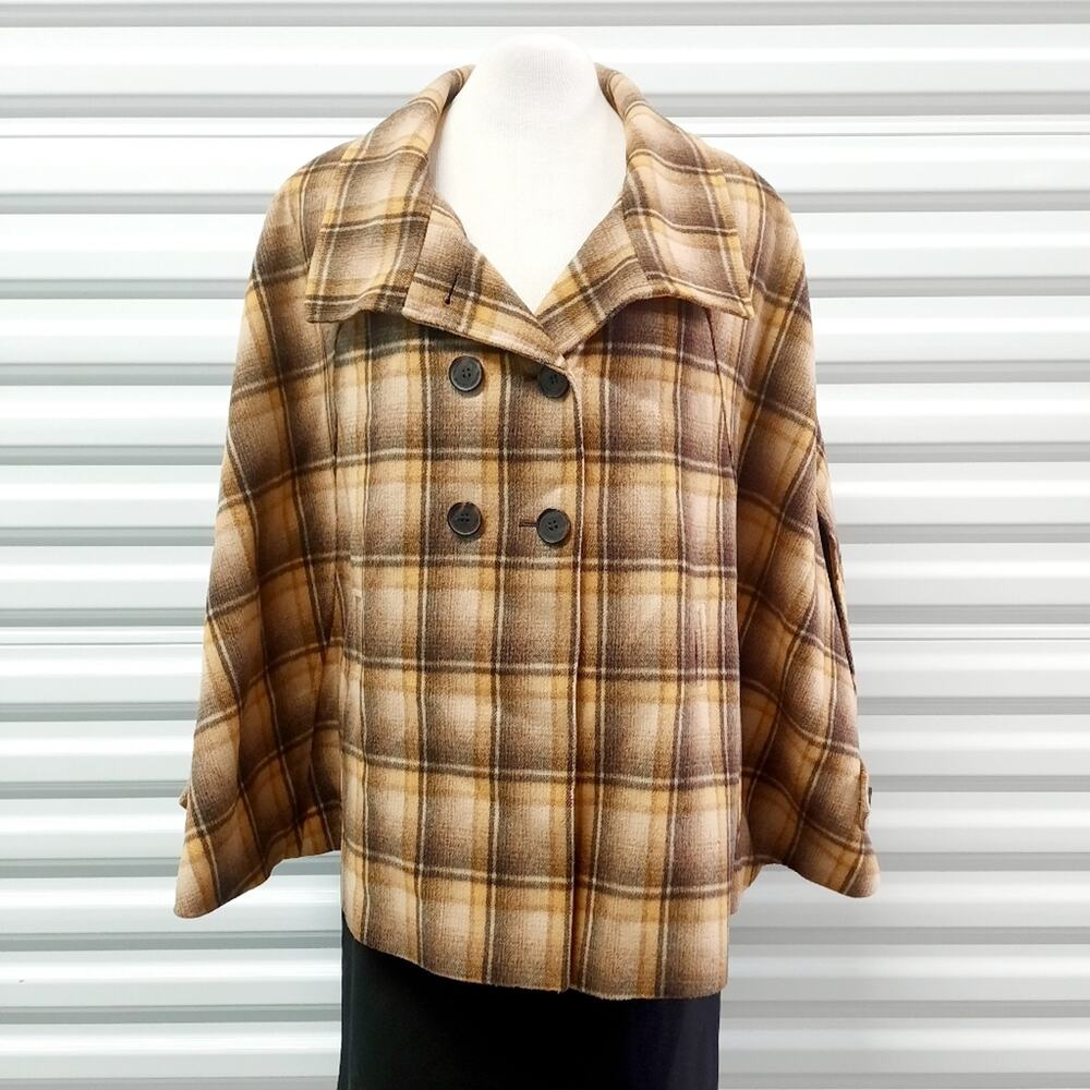 Tahari Plaid Wool Blend Cape Coat Brown Womens 12 Classic Fall Academia Jacket